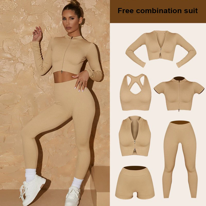 

Seamless Sports Yoga Clothes Shockproof Bra Underwear Zipper Top Beautiful Back Quick-Drying High Waist Hip Lift Legging Suit