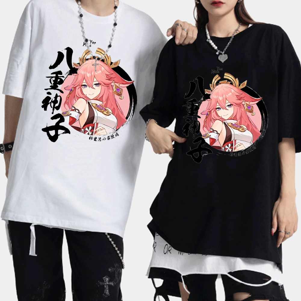 

Футболка с японским аниме Yae Miko Genshin Impact для мужчин и женщин, милая Модная хлопковая футболка с коротким рукавом, милая мультяшная футболка, т...