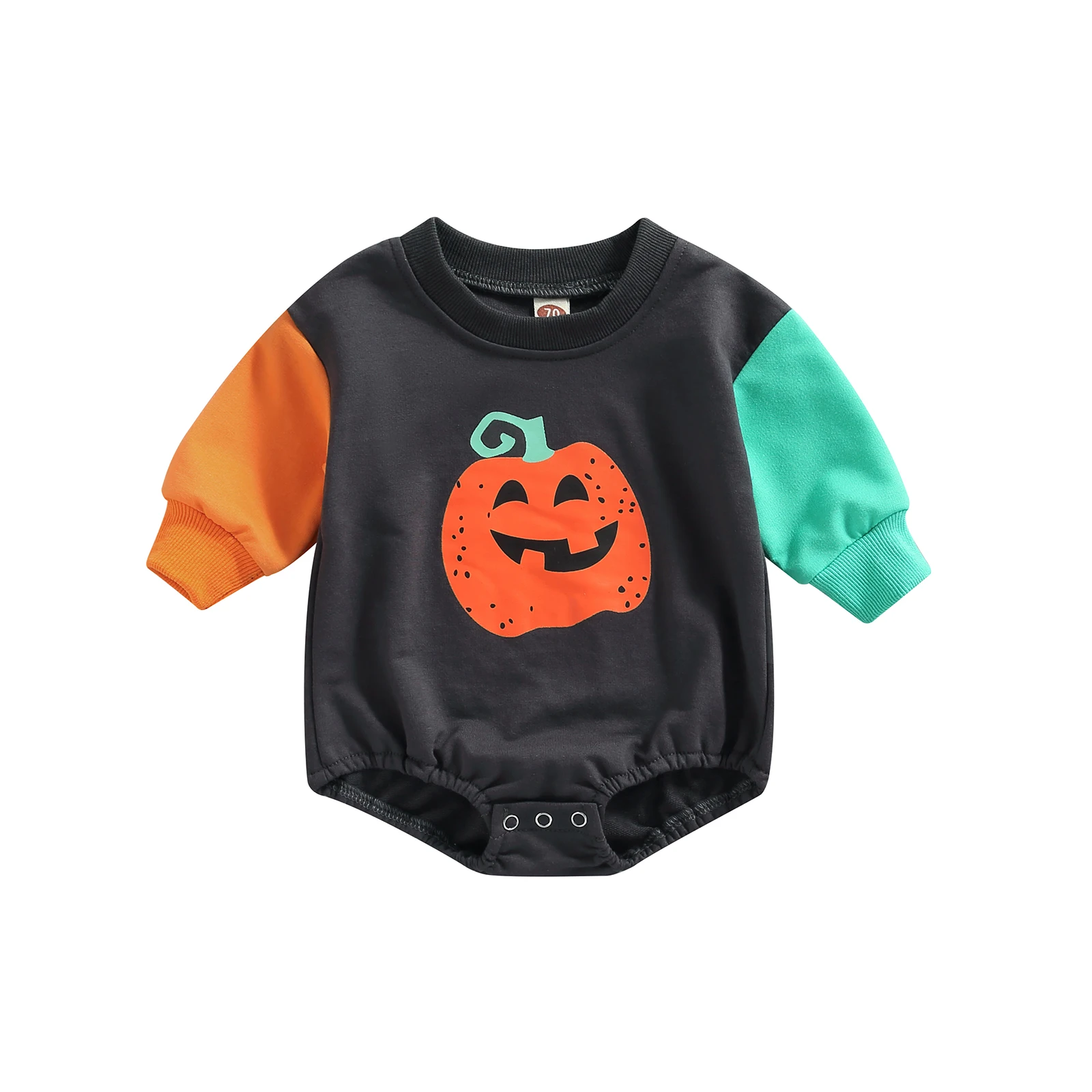 

Halloween Newborn Bodysuit, Baby Girls Casual Pumpkin Print Contrast Color Round Neck Long Sleeve Romper