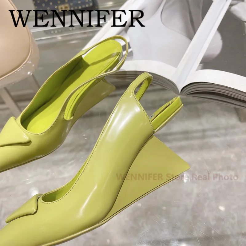 Leather 70mm Slingback Block Heel Pumps Pointed Toe Neon Yellow Chunky Heel Sandals Women Summer Runway Club Ankle Strap Sandals images - 6
