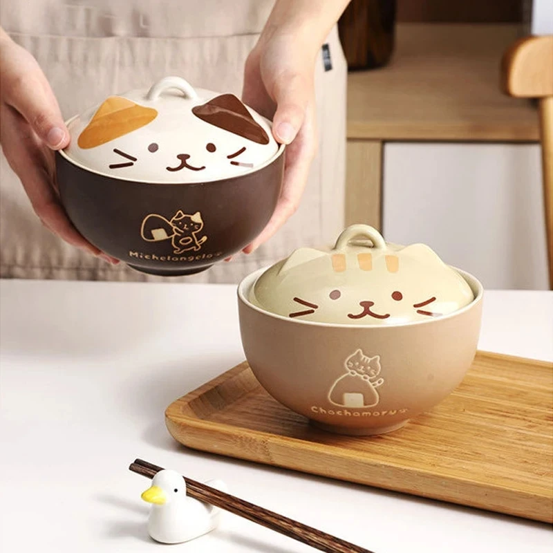550ml Cartoon Cat Ceramic Instant Noodle Bowl With Lid Underglaze Color Soup Salad Bowl Kitchen Office Student Lunch Box