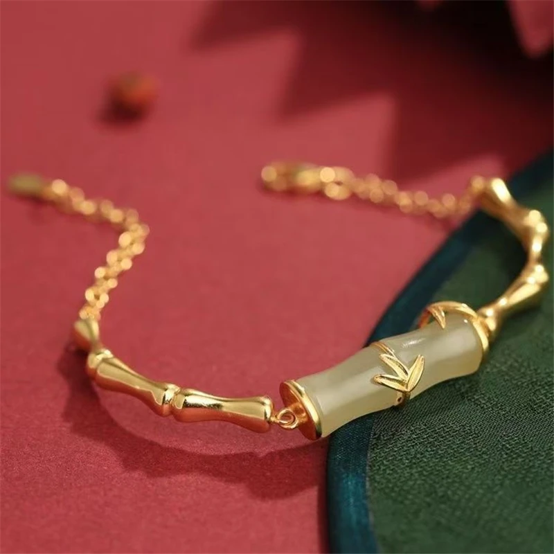 Винтажный фестивальный браслет Hetian Jade Bamboo нежный с серебряным покрытием 925