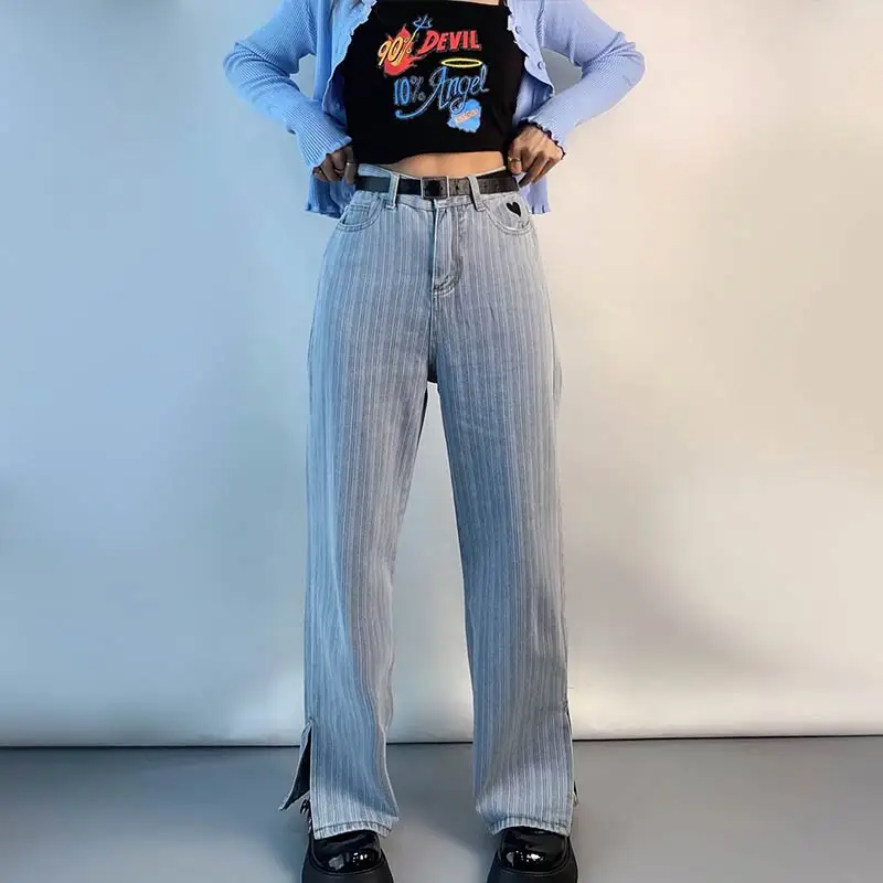 

Women Vintage Casual Heart Print Split High Waist Straight Jeans 2022 Spring Fashion Baggy Wide Leg Streetwear Denim Trousers
