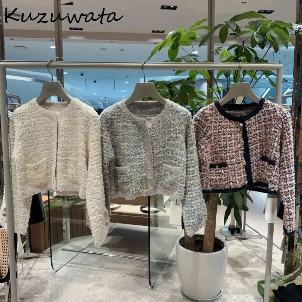 Новинка осени 2024 пальто Kuzuwata с круглым вырезом и длинным рукавом милый твидовый
