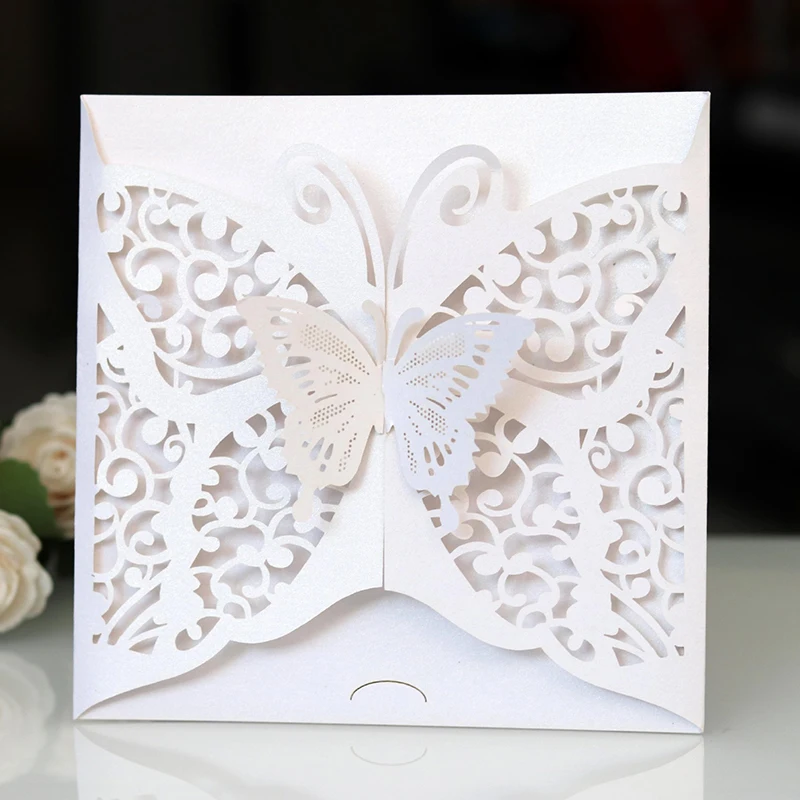 

50pcs Laser Hollow Butterfly Invitations Card with Envelope for Wedding Birthday Baptism Business Greeting Cards Party Favor