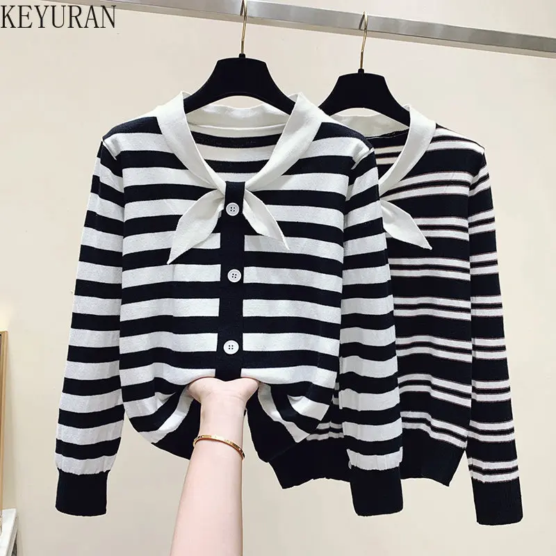 

Женский пуловер в полоску с бантом, вязаный свитер с длинным рукавом, джемпер в Корейском стиле, Y2k, топ для осени, 2022