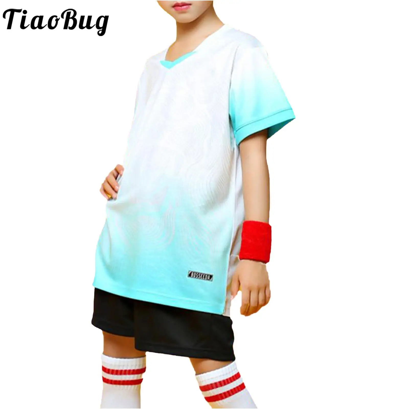 

2023 Kids Boys Girls Quick-Drying Breathable Tracksuit Printed V Neck Short Sleeve T-shirt with Shorts Football Training Outfit