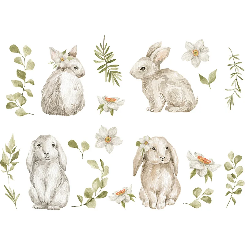 

Wall Stickers Bunny Fresh Green Leaves Flower Decoration Children's Room Kindergarten Home Wall Stickers Self-Adhesive