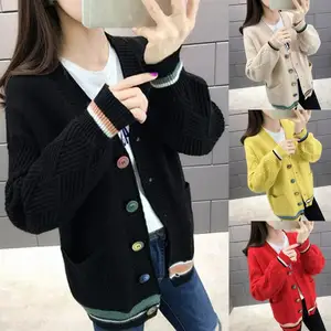 Knitted Cardigan Sweater Women Fashion Top Autumn Winter 2022 Long Sleeve Casual Outwears V Neck Buttons Coat