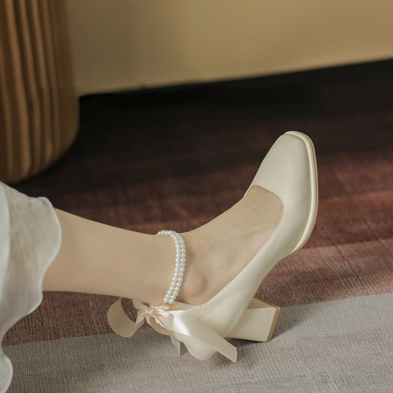 

High Heels Women's 2022 New Fashion Bow Square Toe Platform Mary Jane Shoes Elegant Medium Heel Women's Shoes Pearls Party Shoes