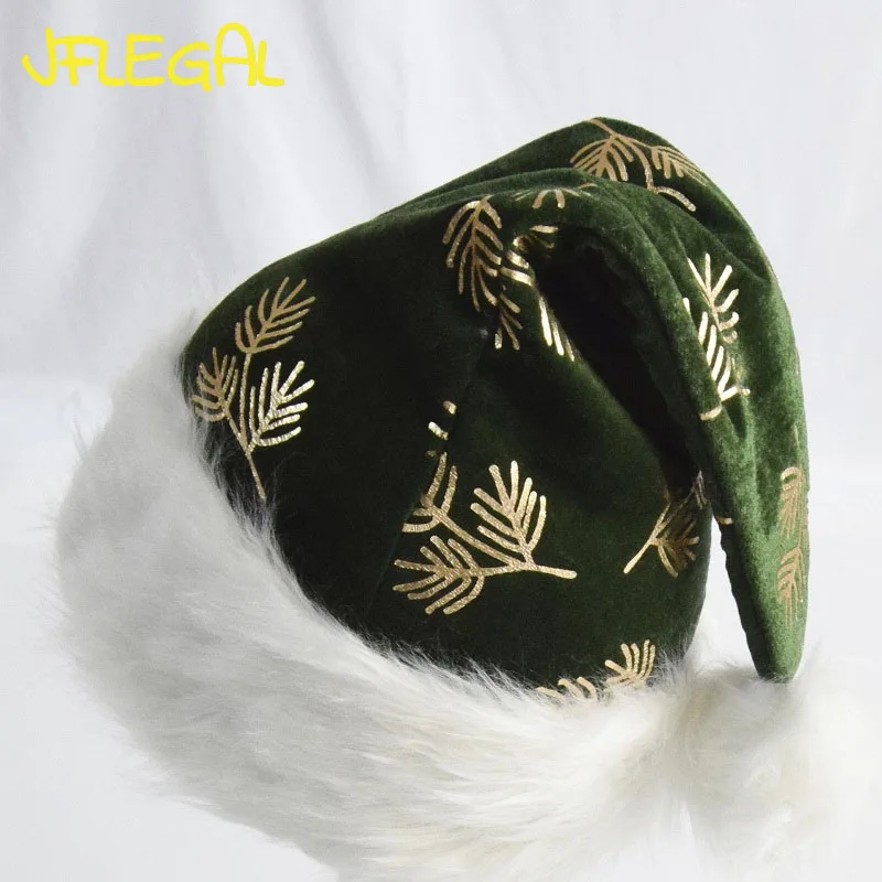 Рождественская Новая зеленая плотная бархатная печатная Золотая ветка шапка
