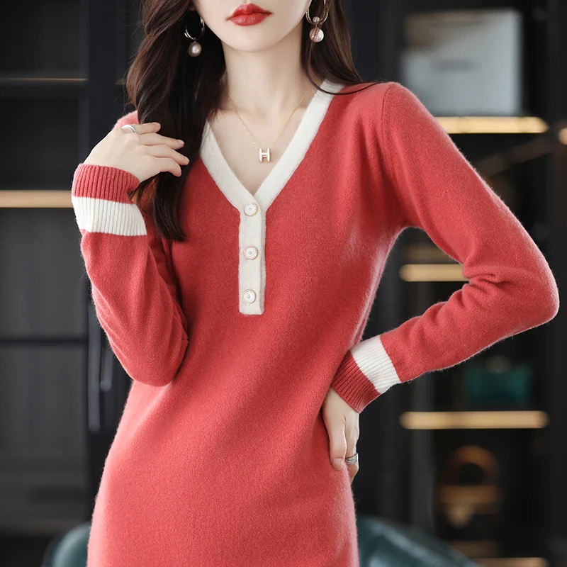 LHZSYY 22Autumn / Winter New Long Tops Fashion 100% Pure Wool Sweater  Women's V-Neck Pullover Cashmere Knitted Bottoming Dress - купить по  выгодной цене | AliExpress
