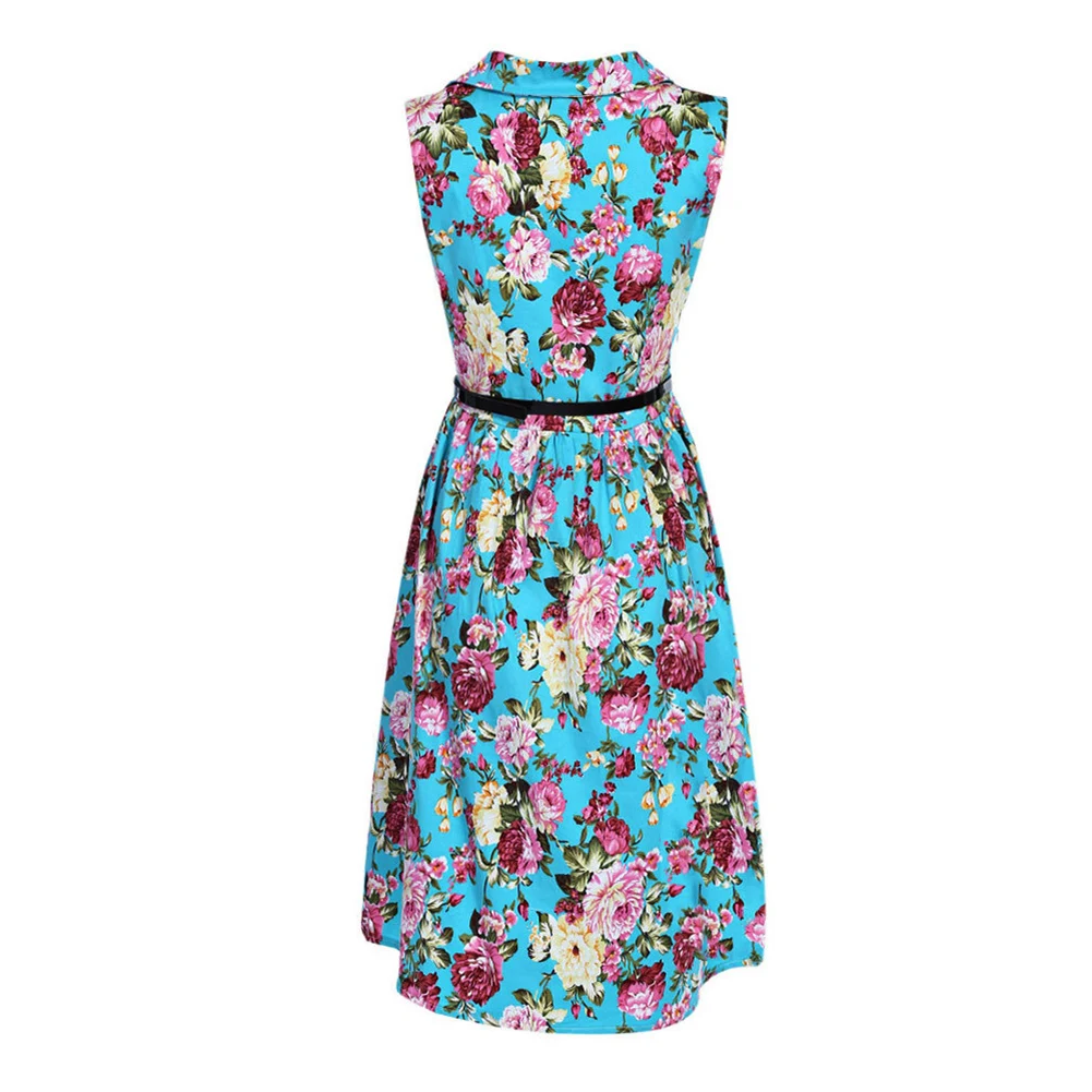 

Women Lapel Turn-Down Collar Sleeveless Floral Print Midi Dress with Belt-195838