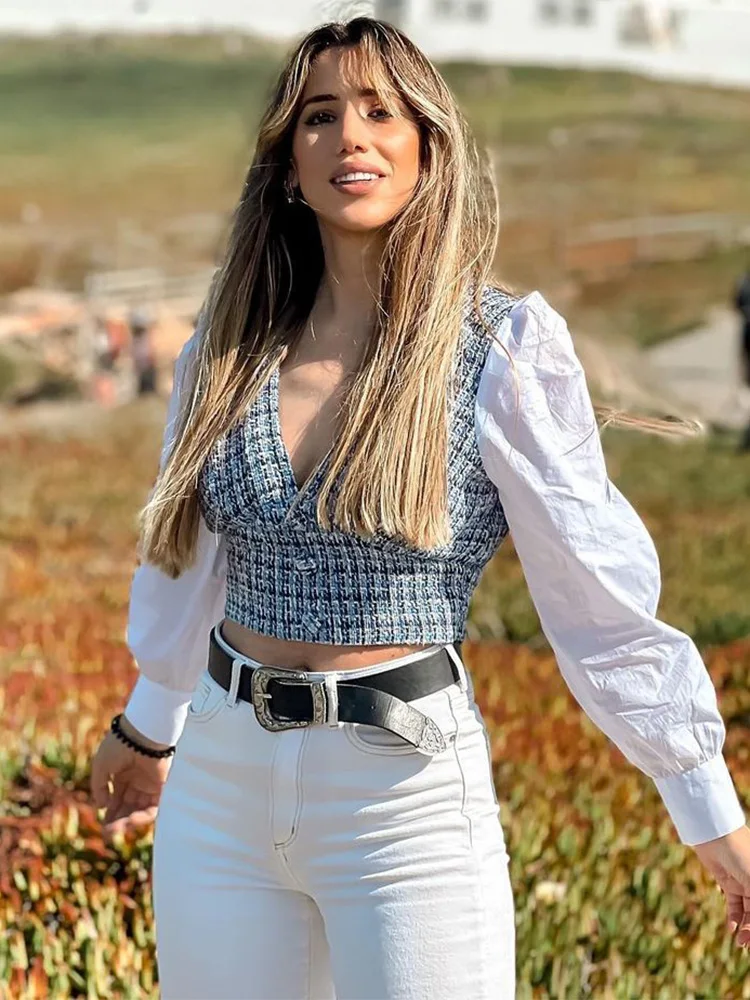

Street Style Front Buttons V Neck Crop Top Women Check Tweed Contrast Fabric Patchwork Blouse Long Sleeve Top Elegant Blouses