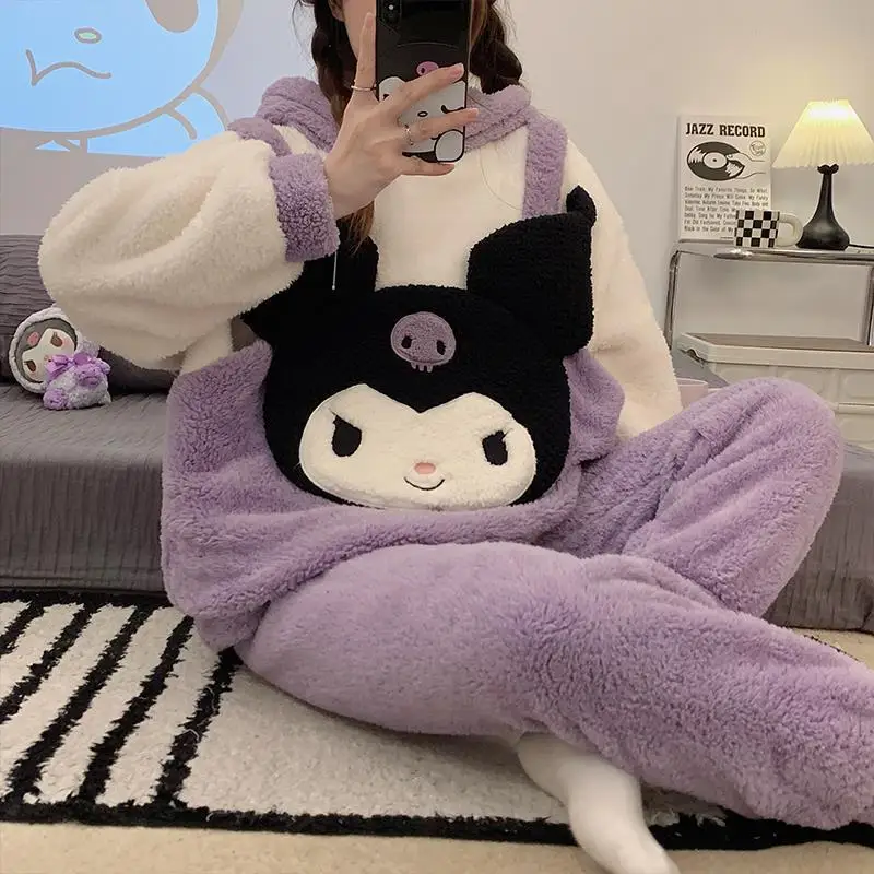 

Sanrio Kuromi Pajama Sets Winter Thickening Warm Flannel Homewear Set Cute Cartoon Pom Pom Purin Cinnamoroll Pajamas for Women