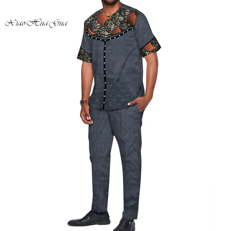 African Design Clothing Casual Men Jacquard Top Shirts and Pants Sets Bazin Riche Print Pearls 2 Pieces WYN722 | Тематическая