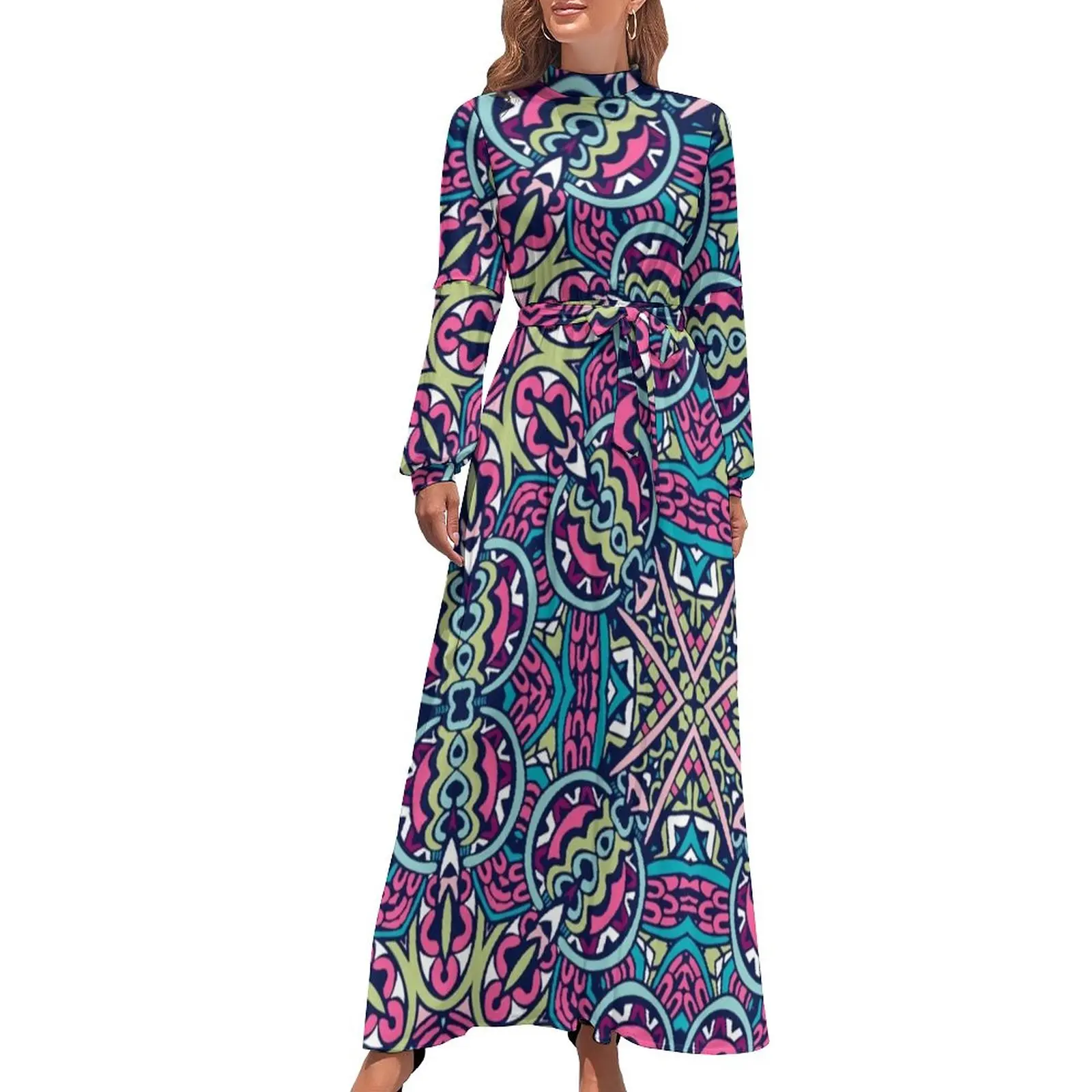 

Bohemia Print Dress Pink Purple Mandala Kawaii Maxi Dress Street Style Beach Long Dresses High Waist Graphic Clothes