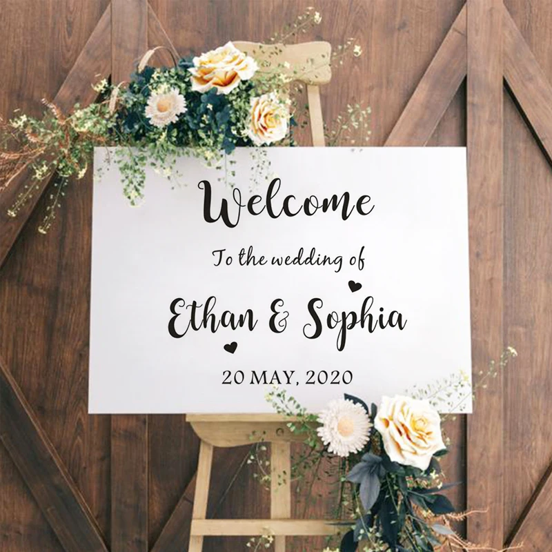 

Welcome Wedding Sign Wall Sticker Custom Bride and Groom Names Vinyl Decals Wedding Board Decoration Removable Murals