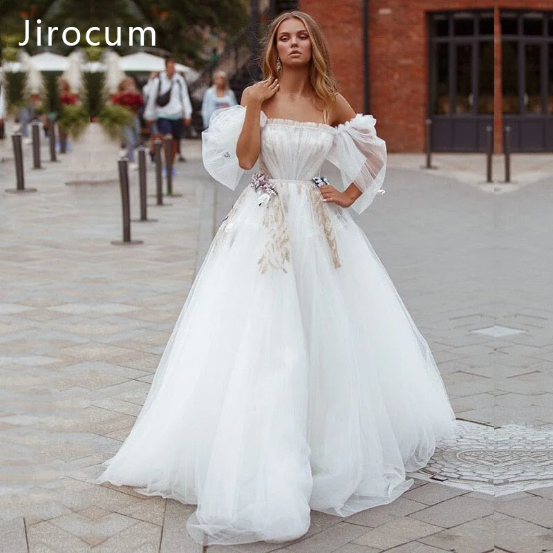

Jirocum French Romantic Tulle Wedding Dress Lace Applique Strapless Women's Bridal Gowns Princess Off Shoulder A-line and Floor