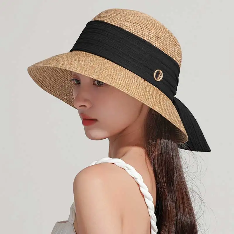 

Elegant Women Straw Hat Vintage Big Bow Summer Sun Hat Travel Outdoor Anti-UV Beach Cap Ladies Dome Top Party Wedding Top Hat