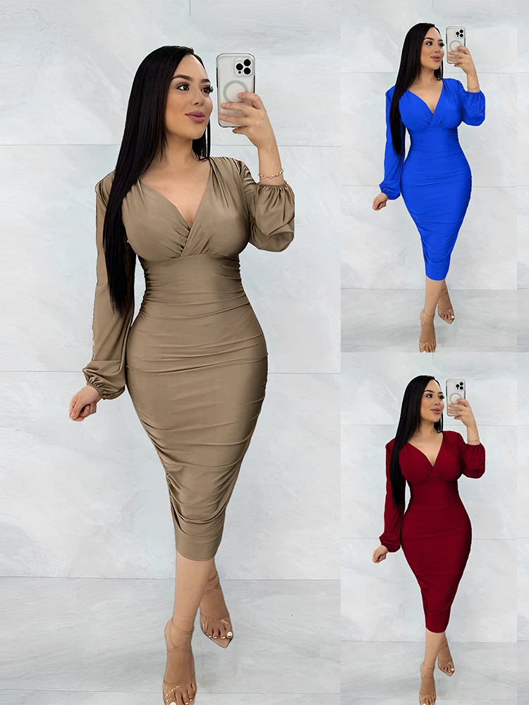 Street hipster women V-neck pleated hip skirt dress plus size dresses off shoulder for women