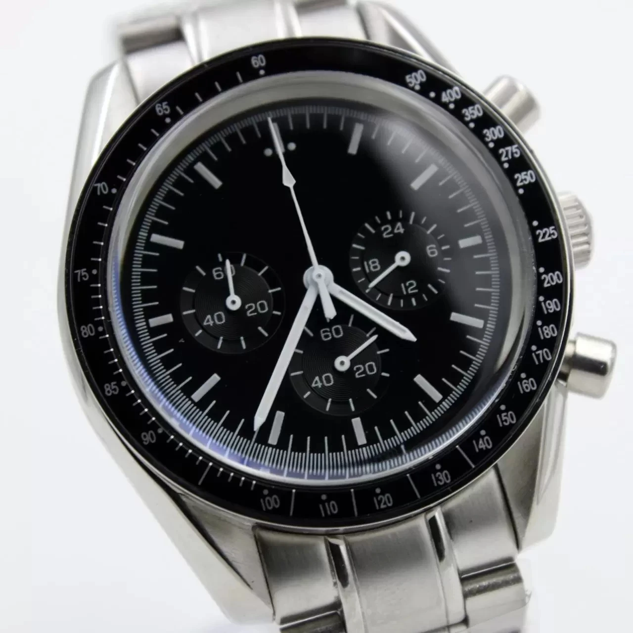 

Luxury Mens Watch Quartz Movement Chronograph Black Dial Sapphire Crystal Stainless Steel Male Wristwatches