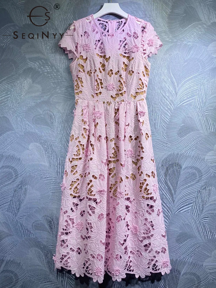 

SEQINYY Purple Midi Dress Summer Spring New Fashion Design Women Runway High Street Hollow Out Flowers Lace A-Line Elegant