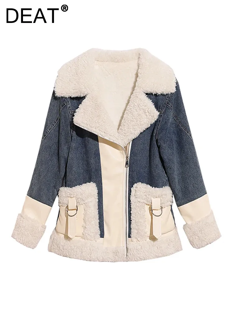

Женское джинсовое пальто на молнии DEAT, утепленная плюшевая куртка из искусственной кожи и овечьей шерсти с длинным рукавом, в стиле пэчворк, 29L5272, для зимы, 2023