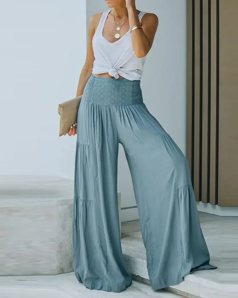 

Брюки Женские однотонные с высокой талией, офисные свободные широкие штаны с рюшами, весна-лето 2022