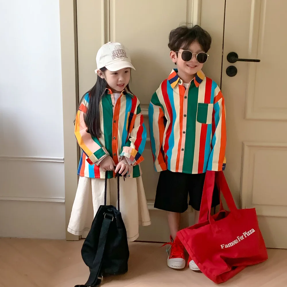 

Весенне-радужные Осенние Топы, вертикальные полосатые Модные свободные хлопковые рубашки для девочек и мальчиков