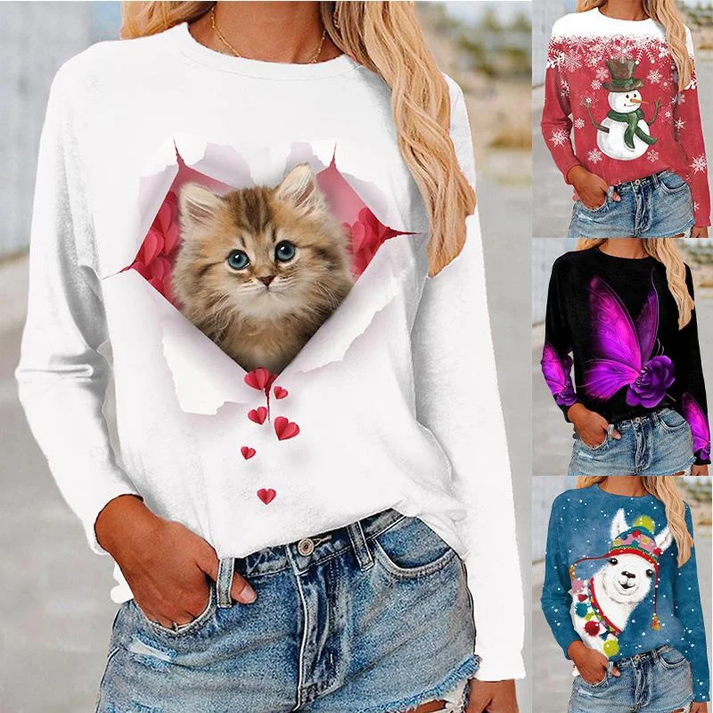 

Women's T Shirt Tee Cat Butterfly Print Long Sleeve Casual Daily Basic Vintage Round Neck 3D Cat Painting Blouse