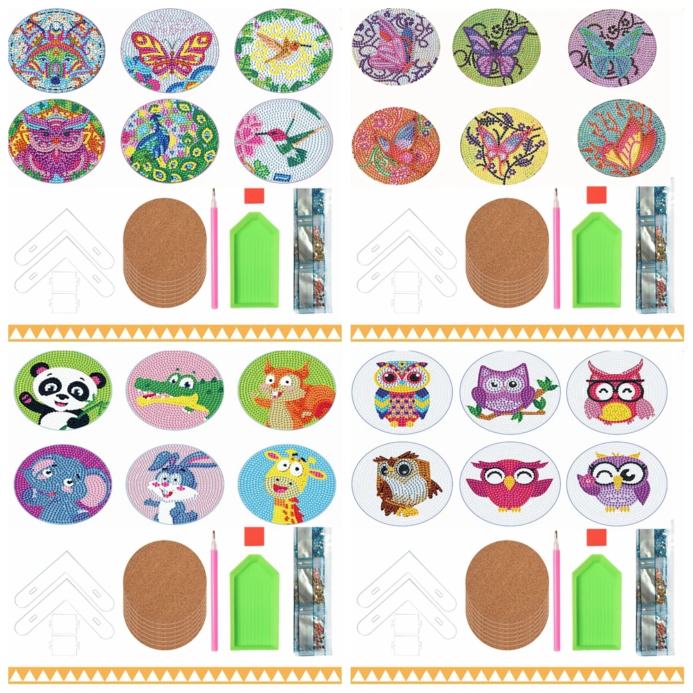 

DIY Diamond Painting Coaster Cup Mat Pad Cartoon Animal Diamond Embroidery Round Coasters Table Placemat Home Kitchen Decor