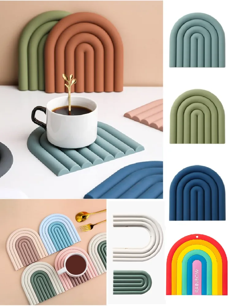 

4pcs Mat Pad Rainbow Placemat Silicone Coaster Table Non Slip Heat Insulated Pot Multipurpose Holders Decor Kitchen Accessories