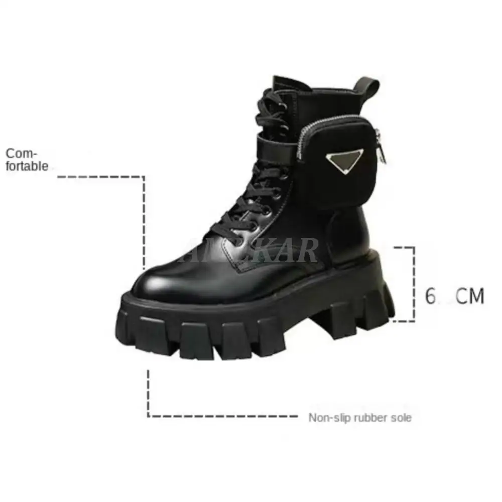 Women's Lace UP Large Size Genuine Leather Boots Side Bag Ankle Boot Ladies Spring Autumn Shoes Black Motorcycle Punk Bota Mujer