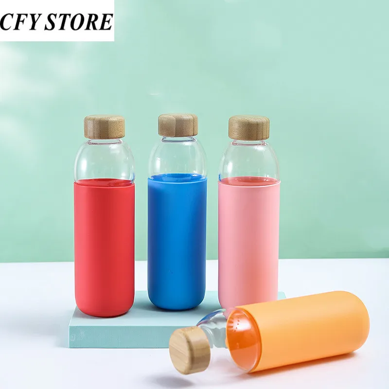 

550ml Portable Double Wall Glass Water Bottle with Wooden Lid and Anti Scalding Silicone Sleeve Simple Office Thermos Drinkware