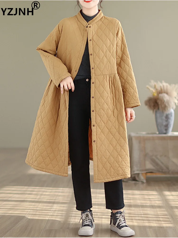 

YZJNH 2023 зимняя одежда, женское Свободное пальто с воротником-стойкой в стиле ретро, легкое длинное хлопковое пальто с застежкой, женское большое