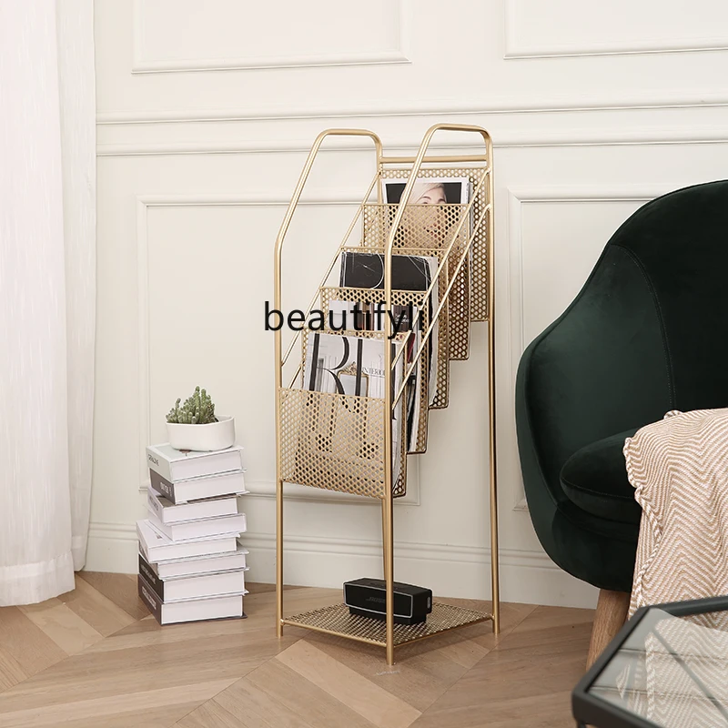 

zqNordic Wrought Iron Magazine Rack Picture Book Rack Newspaper Shelf Floor Living Room the Newspaper Stand Corner Storage Rack