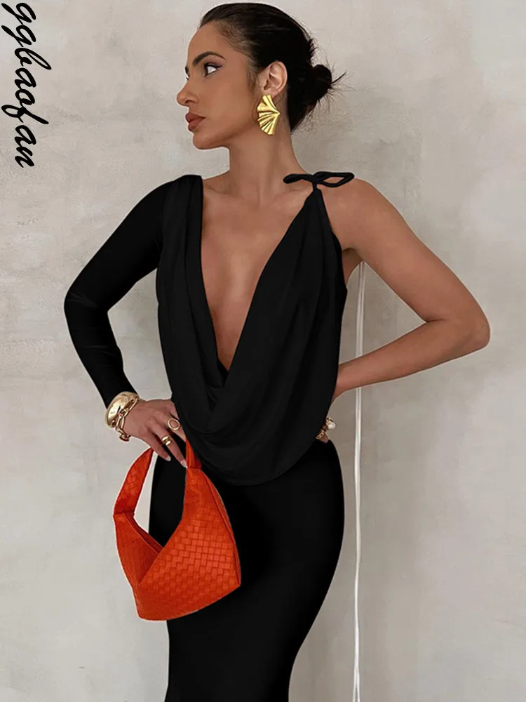 

Ggbaofan Elegant One Shoulder Deep V Neck Maxi Dress For Women Sexy Club Party Long Sleeve Gown Dresses Backless 2022 Outfits
