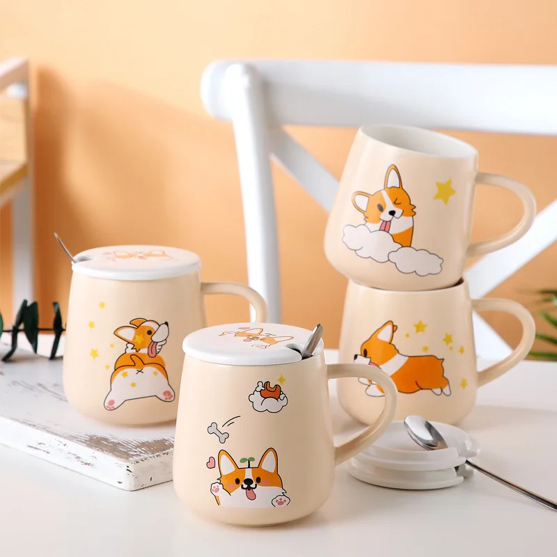 

440ml Cartoon Ceramics Mug With Lid and Spoon Corgi Coffee Milk Tea Mugs Breakfast Cup Drinkware Novelty Gifts For Children Girl
