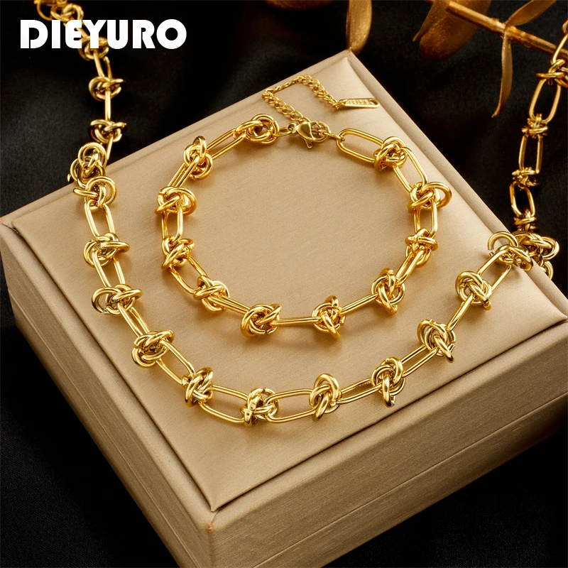

DIEYURO 316L Stainless Steel Gold Silver Color Twist Knot Necklace Bracelets For Women Girl New Fashion Non-fading Jewelry Set
