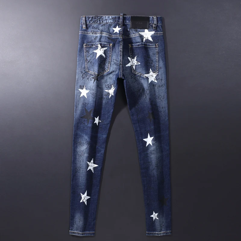 Street Fashion Men Jeans Retro Blue Elastic Printed Skinny Ripped Jeans Men Stars Painted Designer Hip Hip Brand Pants Hombre
