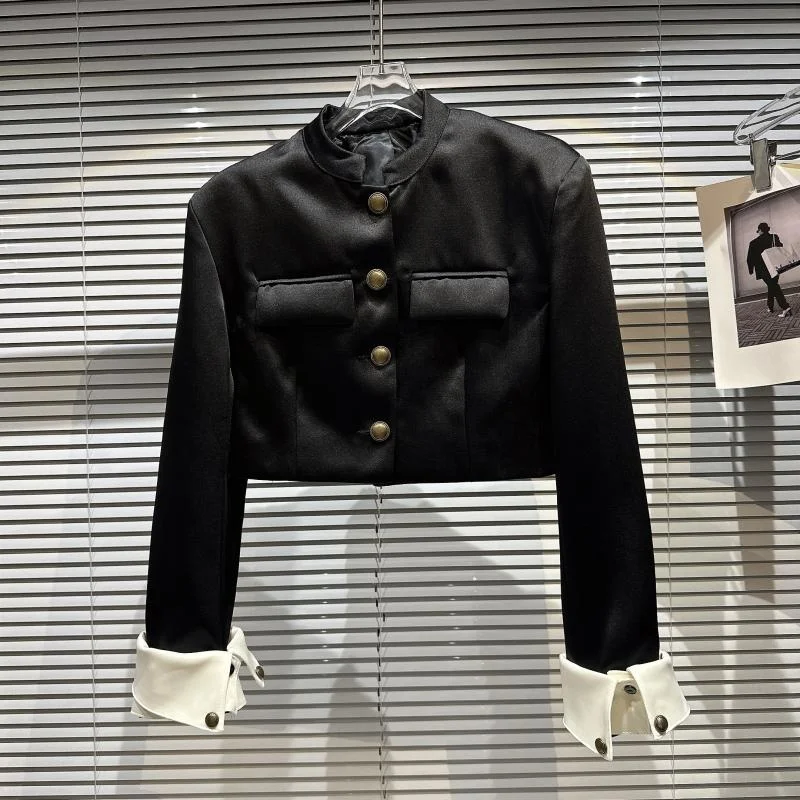 

Пальто BORVEMAYS, новинка весны 2023, модный трендовый черный однобортный пиджак в стиле пэчворк из искусственной кожи с круглым вырезом для женщин, WZ653