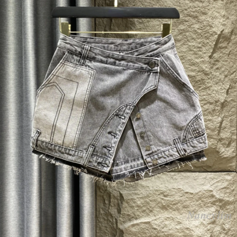 

Denimwear Trendy Short Femme 2022 Slimming Contrast Color A- Line Wide-Leg Grey Back Shorts for Women Summer
