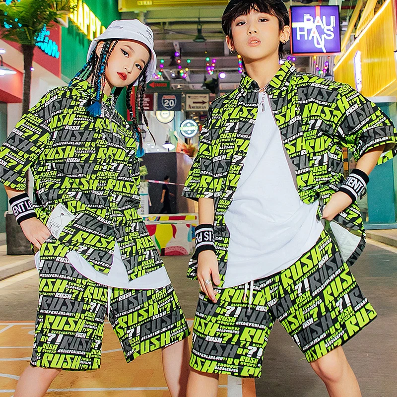 

Модная одежда в стиле хип-хоп, детские свободные костюмы Kpop с коротким рукавом для девочек, Hophop, для мальчиков, джазовые танцевальные костюмы, праздничная одежда DQS9700