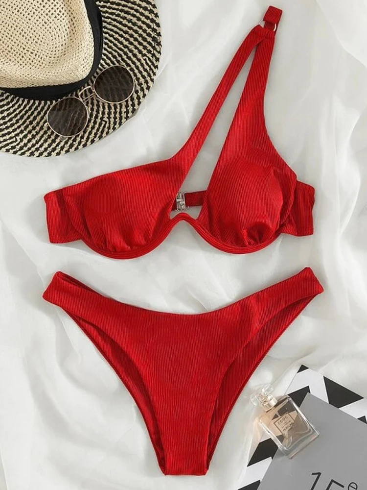 

Бикини, новинка 2023, купальник с высокой талией, женские стринги, купальник, однотонный комплект бикини с пуш-ап, купальный костюм на одно плечо, летняя пляжная одежда