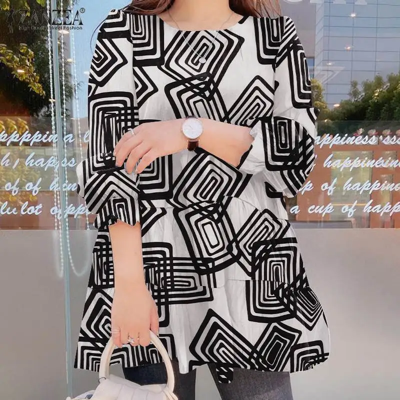 

ZANZEA Fashion Bohemian Printed Blouse Oversized A-line Chemise ZANZEA OL Patchwork Ruffle Top Tunic Puff Sleeve Blusa Femininas