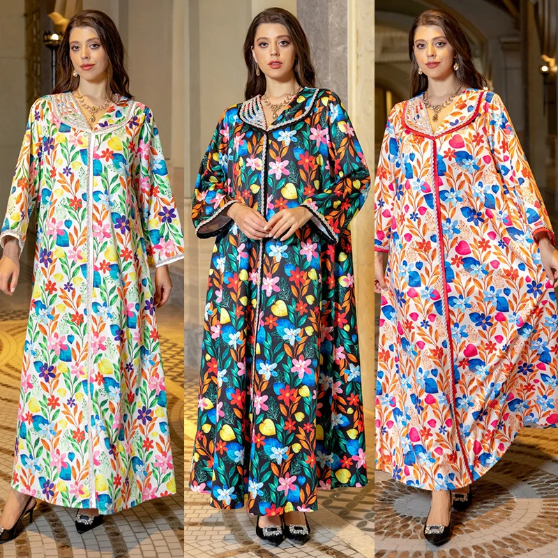 Luxury Diamonds Women Middle East Evening Dress Printing Lapel Neck Full Sleeves Elegant Muslim Arab Robe Abaya