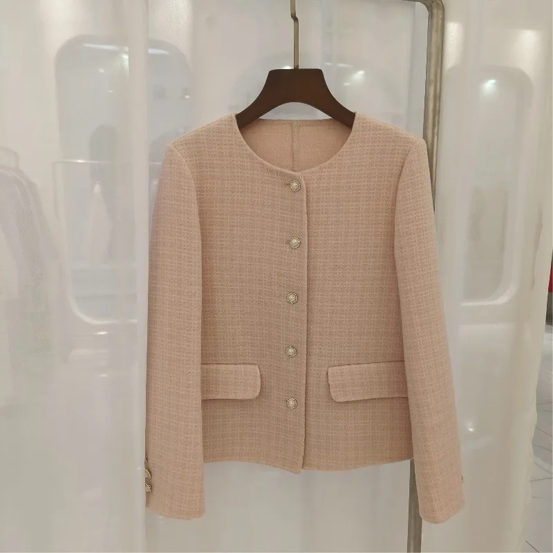 

Женское двустороннее кашемировое пальто RosEvans, розовое шерстяное пальто с коротким круглым вырезом, пальто из натуральной шерсти для осени и зимы