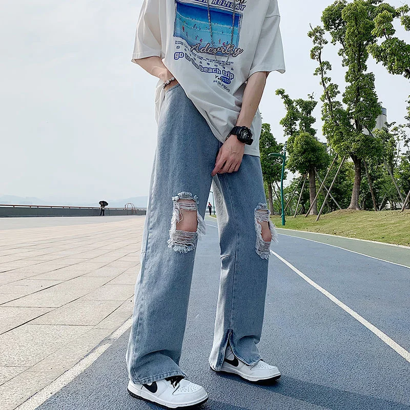 Summer Blue/Black Baggy Jeans Men Fashion Casual Ripped Straight Jeans Mens Streetwear Hip Hop Loose Ripped Denim Trousers Men