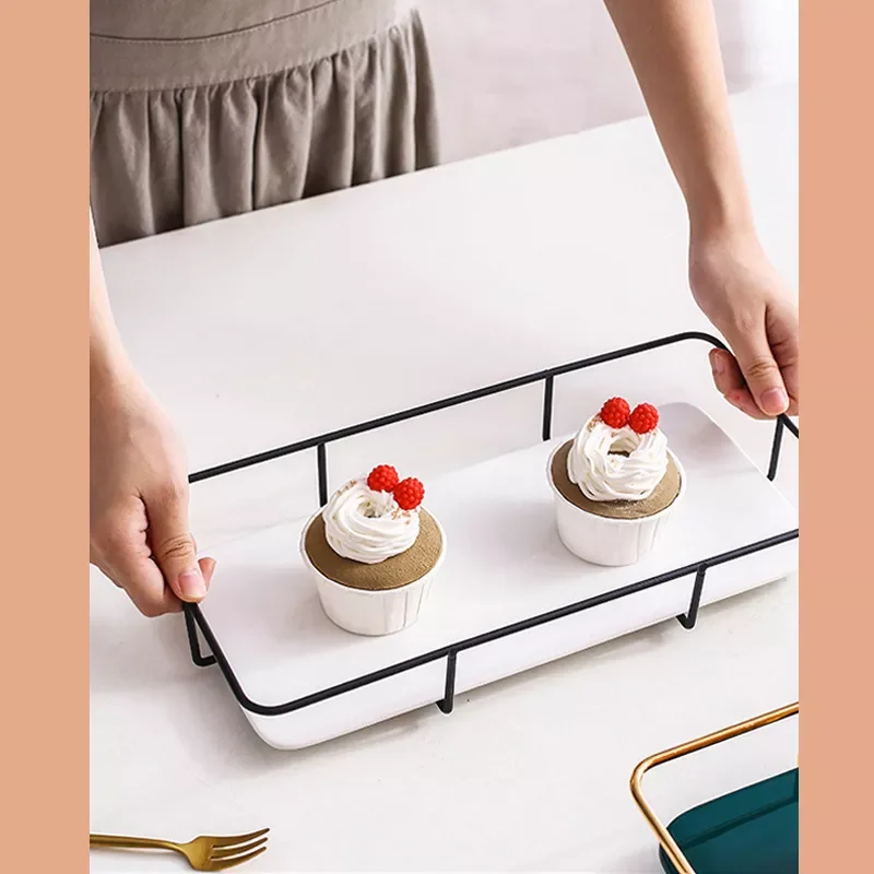 

Wrought Iron Cake Rack Dark Green Ceramics Rectangular Tray Dessert Sushi Plate Storage Display Stand INS Style Wedding Party